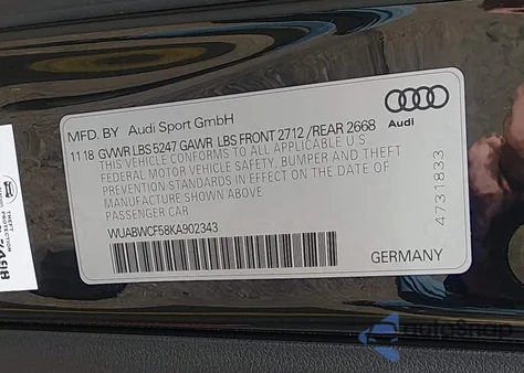 2019 Audi Rs 5 2.9T z USA, uszkodzony, nr VIN WUABWCF58KA902343